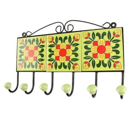 Pea Green Floral Ceramic Tile Hook